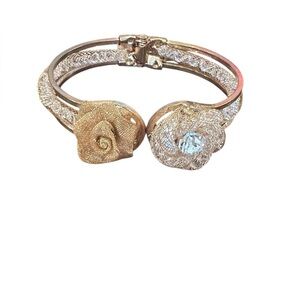 Mixed Metal Mesh Rose Floral Rhinestone Hinged Cuff Bracelet